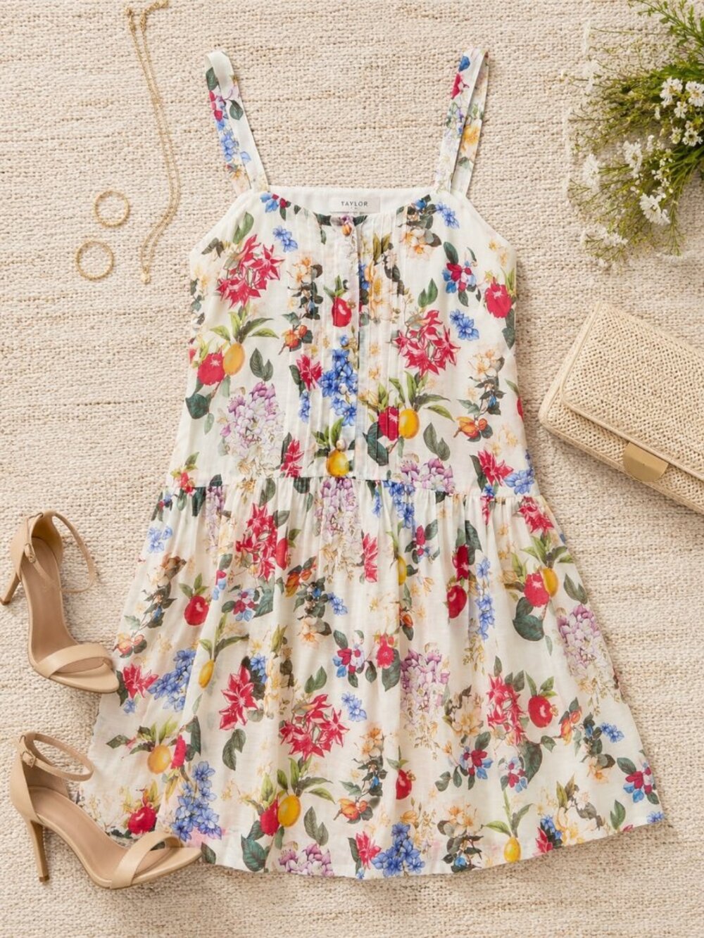 Taylor Petite Ivory Radish Printed Pintuck Dress 0P NWT